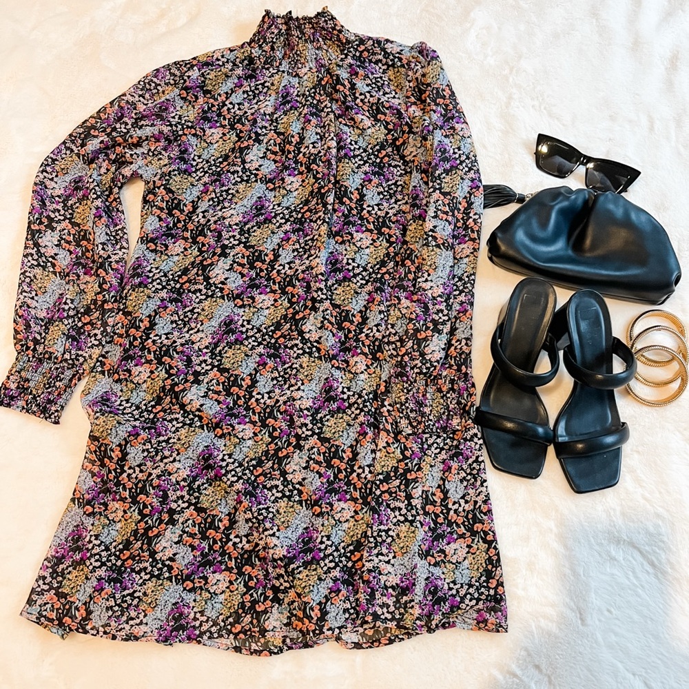 Floral Long-Sleeve Mock Neck Dress